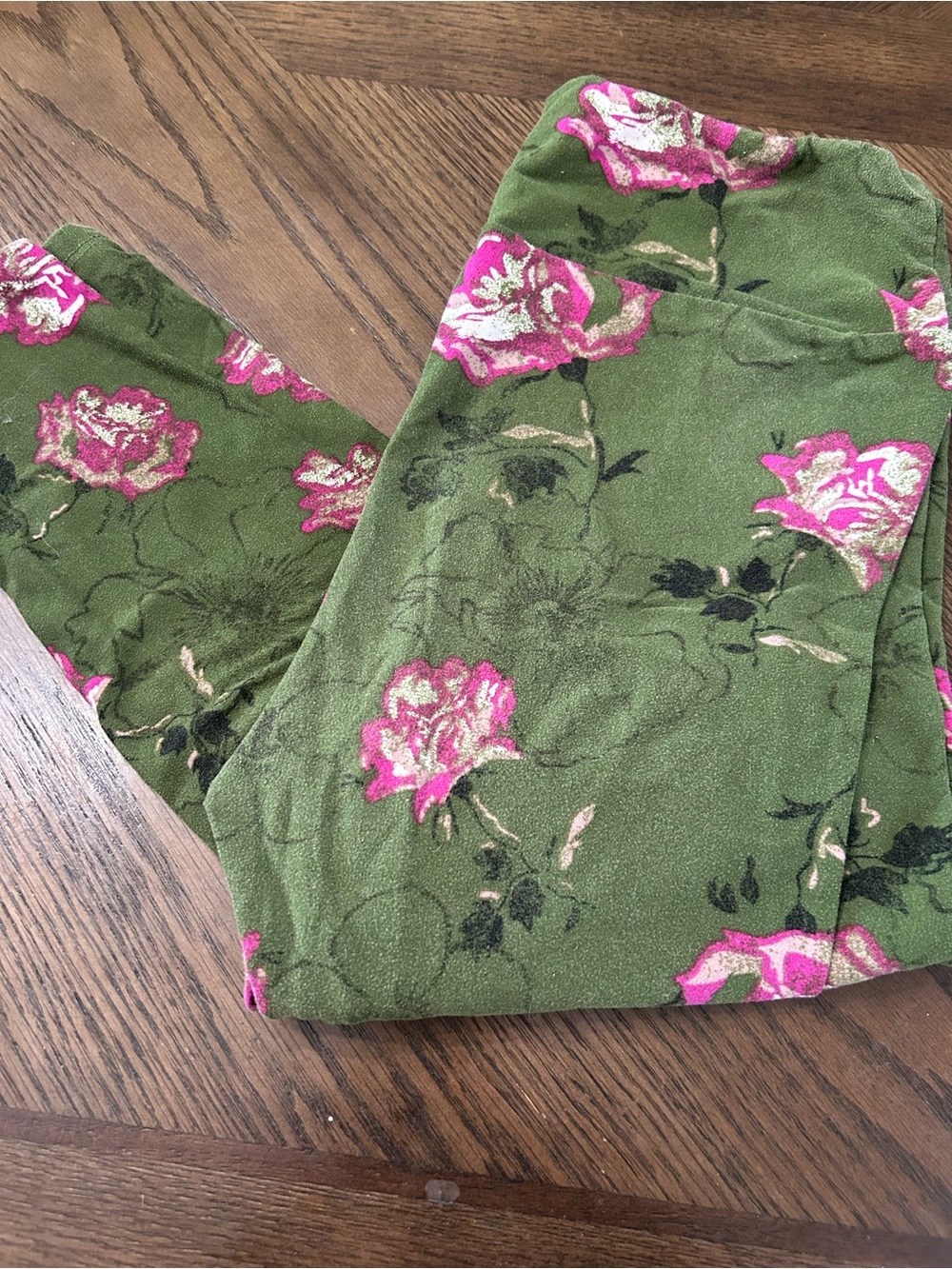 LuLaRoe Olive Green Leggings with Pink Floral Print